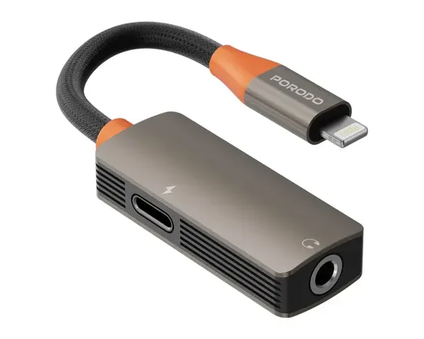 Porodo AudioLink Duo Lightning + 3.5mm Jack Audio and Charge Splitter - Black & Orange