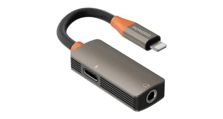 Porodo AudioLink Duo Lightning + 3.5mm Jack Audio and Charge Splitter - Black & Orange