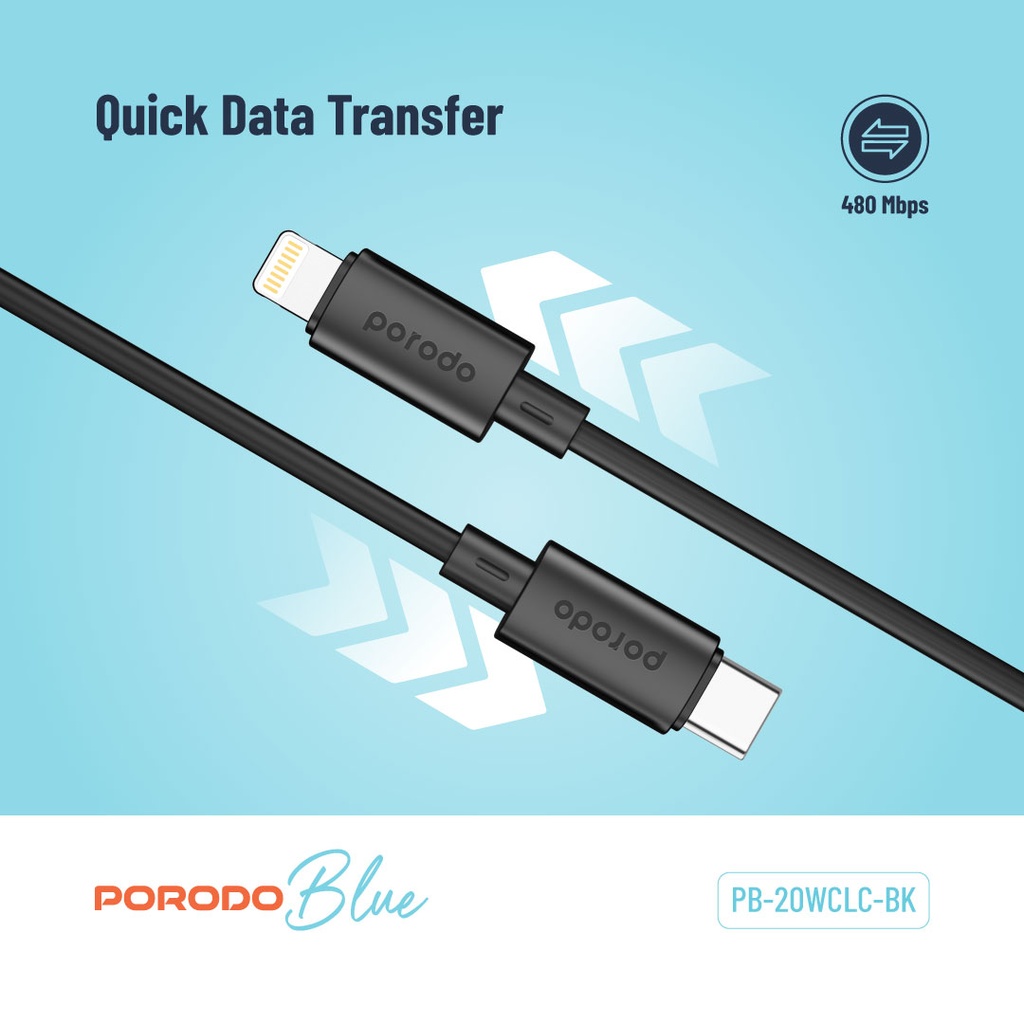 Porodo Blue 20W PD Type C to Lightning PVC Cable 1.2M