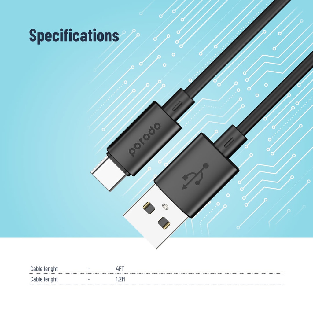 Porodo Blue 3A USB A to Type C PVC Cable 1.2M 3 Porodo Blue 3A USB A to Type C PVC Cable 1.2M