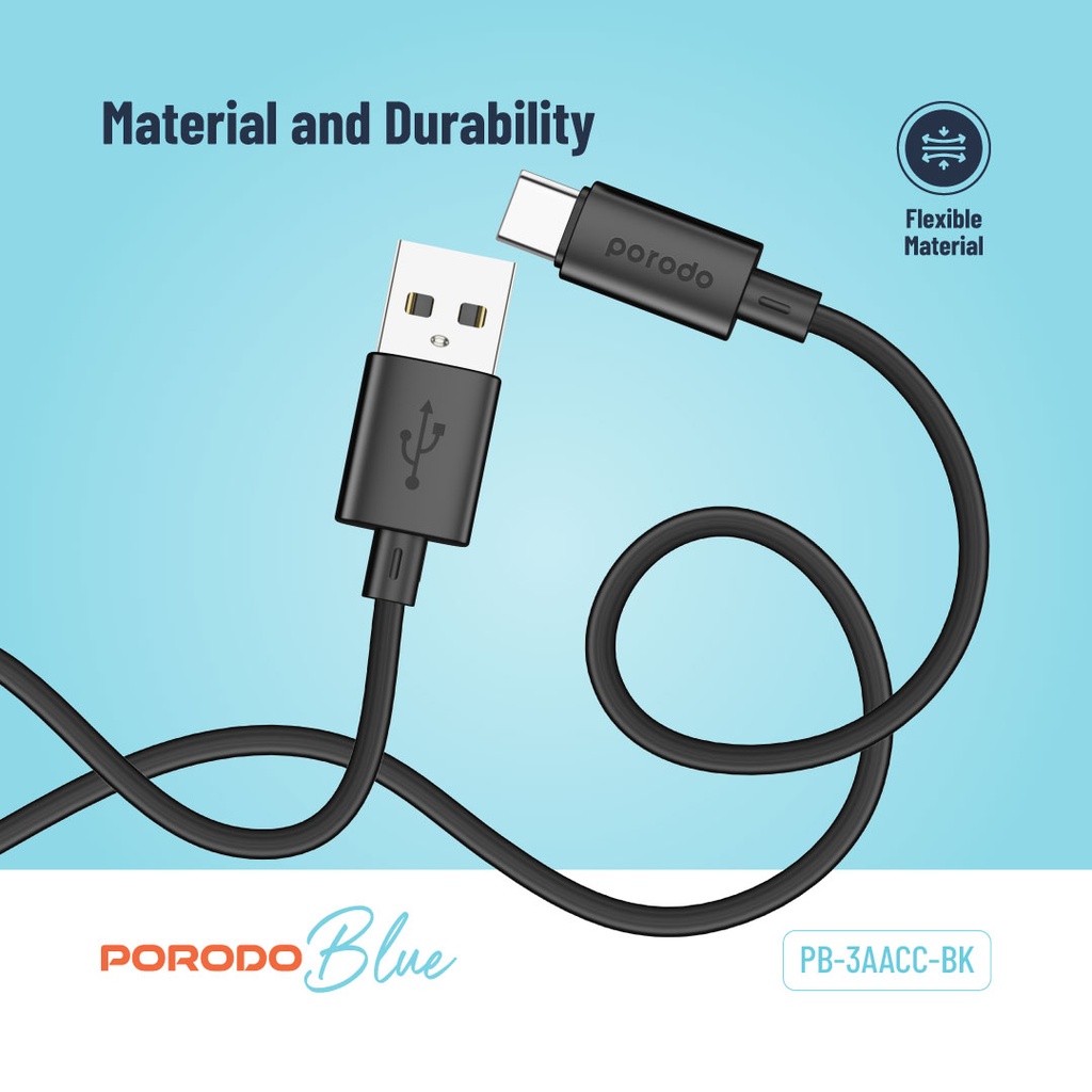 Porodo Blue 3A USB A to Type C PVC Cable 1.2M 4 Porodo Blue 3A USB A to Type C PVC Cable 1.2M