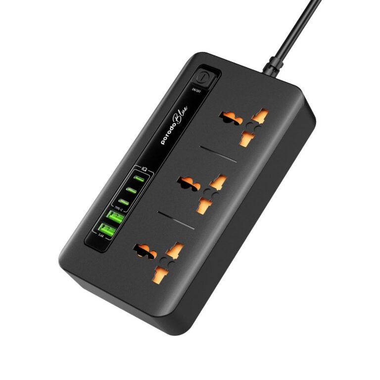 Porodo Blue 3 AC Power Socket With 2XUSB-A, 3XType-C 2M 3000W