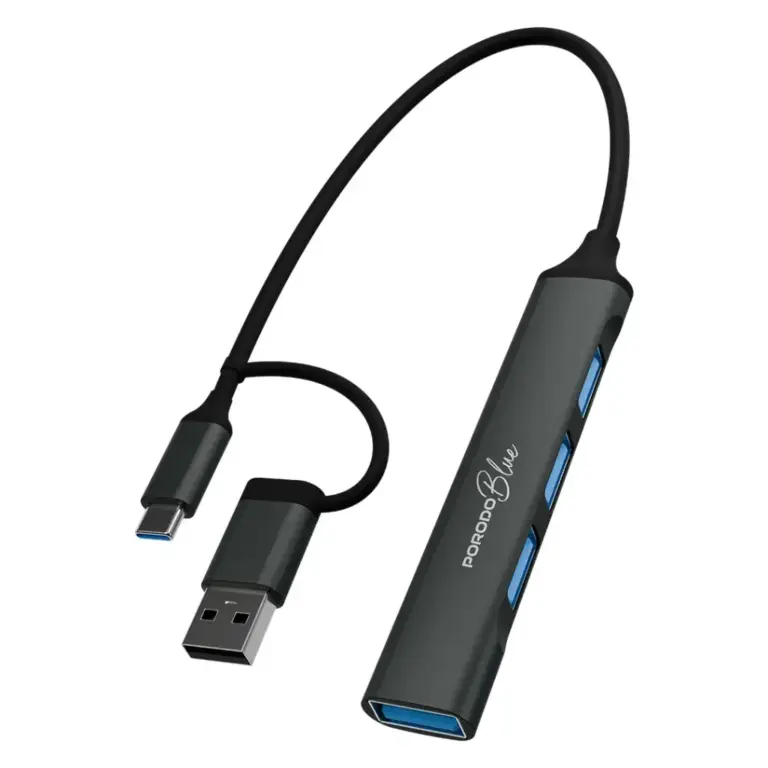 Porodo Blue 4-In-1 Multi-Port USB Hub with USB-A and USB-C Heads