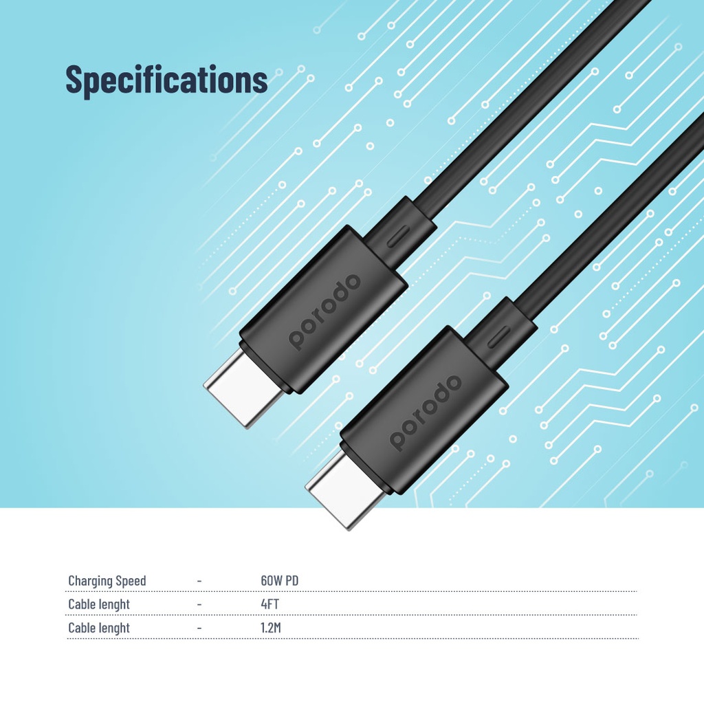 Porodo Blue 60W PD Type C to C PVC Cable 1.2M