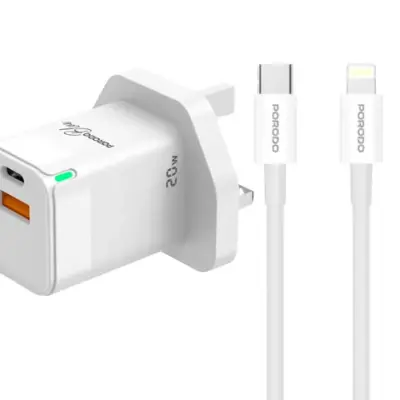 Porodo Blue Ultra-Quick Charger USB-A to USB-C (1m Lightning Cable Included)