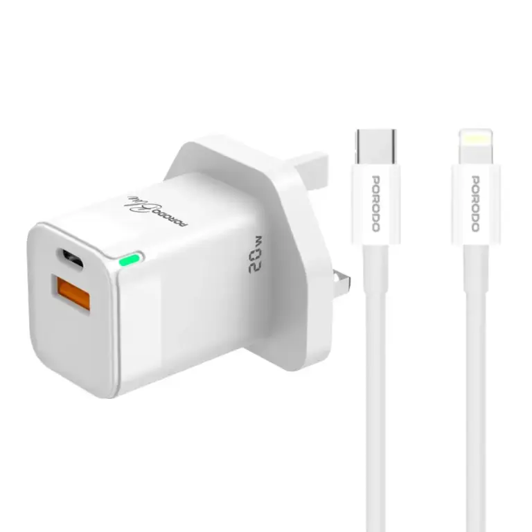 Porodo Blue Ultra-Quick Charger USB-A to USB-C (1m Lightning Cable Included)