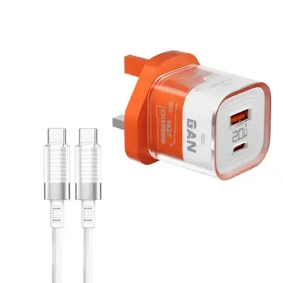 Porodo Crystal Shell GaN Wall Charger ( with USB-C/Lightning Cable) - Orange