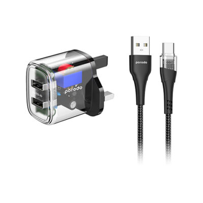 Porodo Dual Output Transparent Charger 2.4A UK with USB-A to USB-C Cable