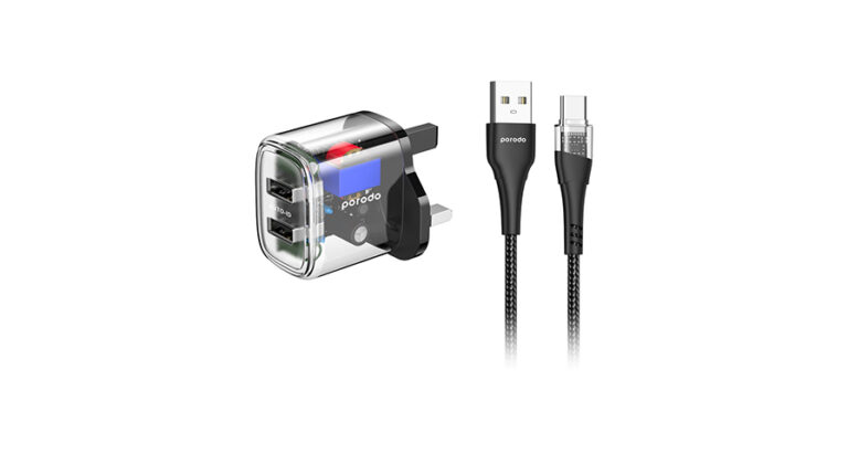 Porodo Dual Output Transparent Charger 2.4A UK with USB-A to USB-C Cable