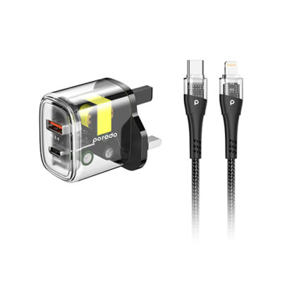 Porodo Dual Output Transparent Quick Charger PD 20W + QC 18W UK with USB-C to Lightning Cable 1.2M