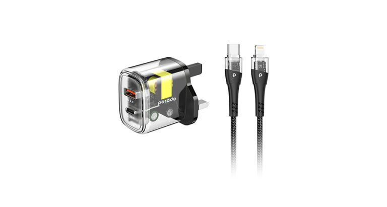 Porodo Dual Output Transparent Quick Charger PD 20W + QC 18W UK with USB-C to Lightning Cable 1.2M