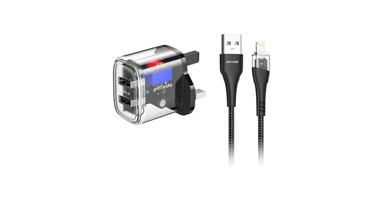 Porodo Dual Output Transparent Charger 2.4A UK with USB-A to Lightning Cable 1.2M
