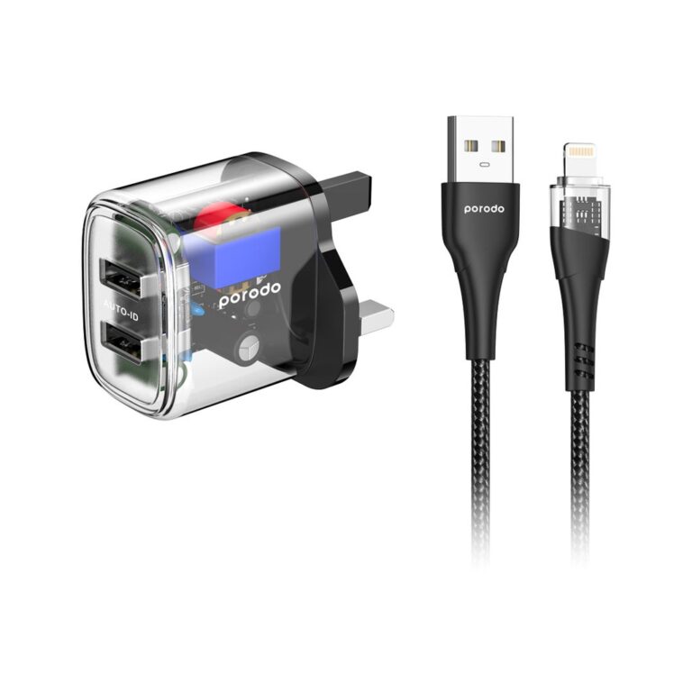 Porodo Dual Output Transparent Charger 2.4A UK with USB-A to Lightning Cable 1.2M