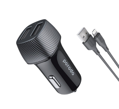 Porodo Dual Port Car Charger 3.4A with Lightning Cable 0.9M