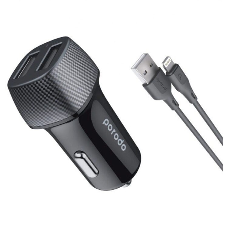 Porodo Dual Port Car Charger 3.4A with Lightning Cable 0.9M