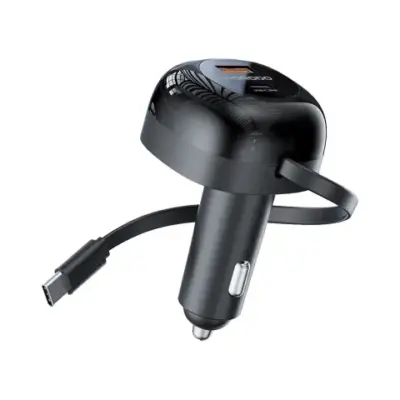 Porodo Dual Port Car Charger 80cm Retractable Type-C Cable