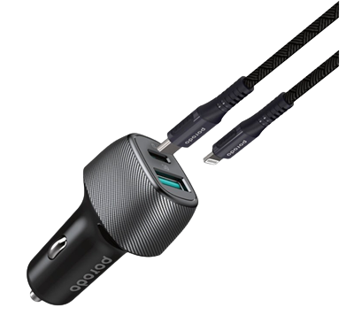 Porodo Dual Port Car Charger with Braided Type-C to Lightning Cable