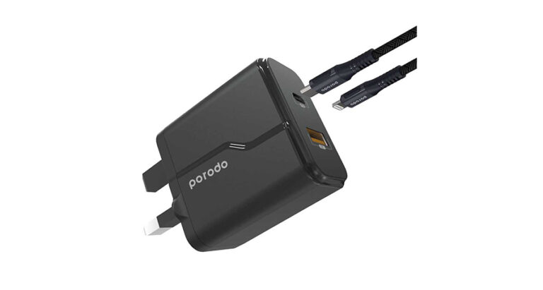 Porodo Dual Port Wall Charger PD 20W + QC3.0 UK with Braided Type-C to Lightning PD Cable 1.2m