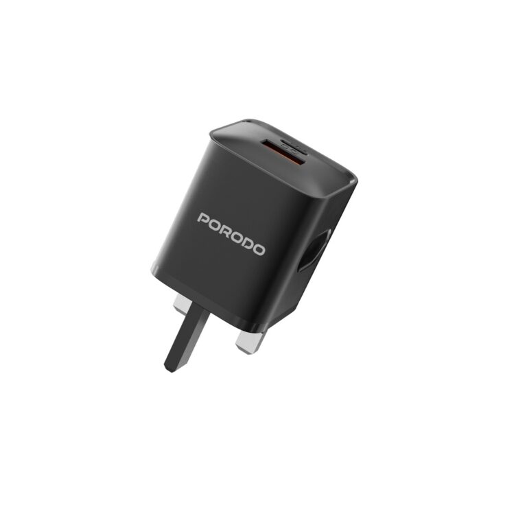 Porodo Dual Port Wall Charger UK with USB-C to Lightning cable