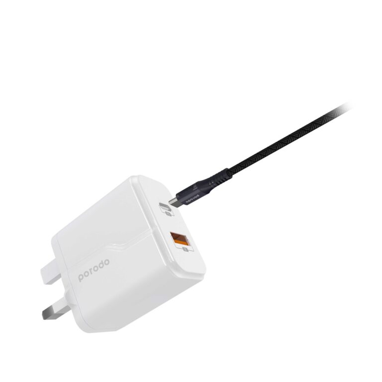 Porodo Dual Port Wall Charger PD 18W + QC3.0 UK with Braided Type-C to Lightning PD Cable 1.2m