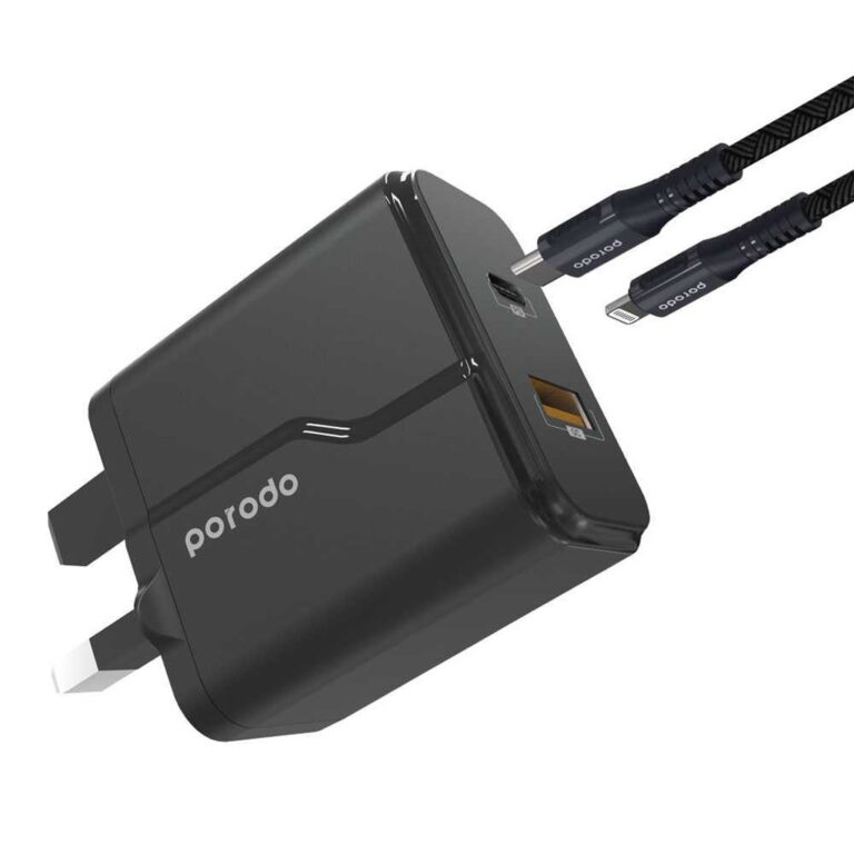 Porodo Dual Port Wall Charger PD 20W + QC3.0 UK with Braided Type-C to Lightning PD Cable 1.2m