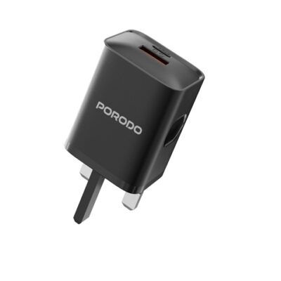 Porodo Dual Port Wall Charger UK with USB-C to Lightning cable