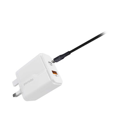 Porodo Dual Port Wall Charger PD 18W + QC3.0 UK with Braided Type-C to Lightning PD Cable 1.2m