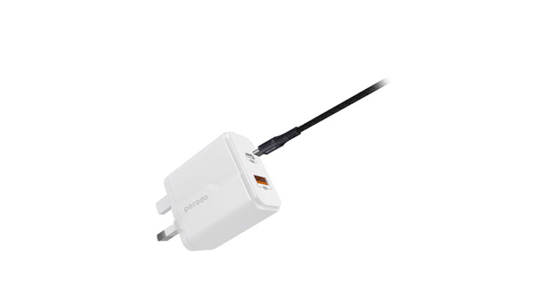 Porodo Dual Port Wall Charger PD 18W + QC3.0 UK with Braided Type-C to Lightning PD Cable 1.2m
