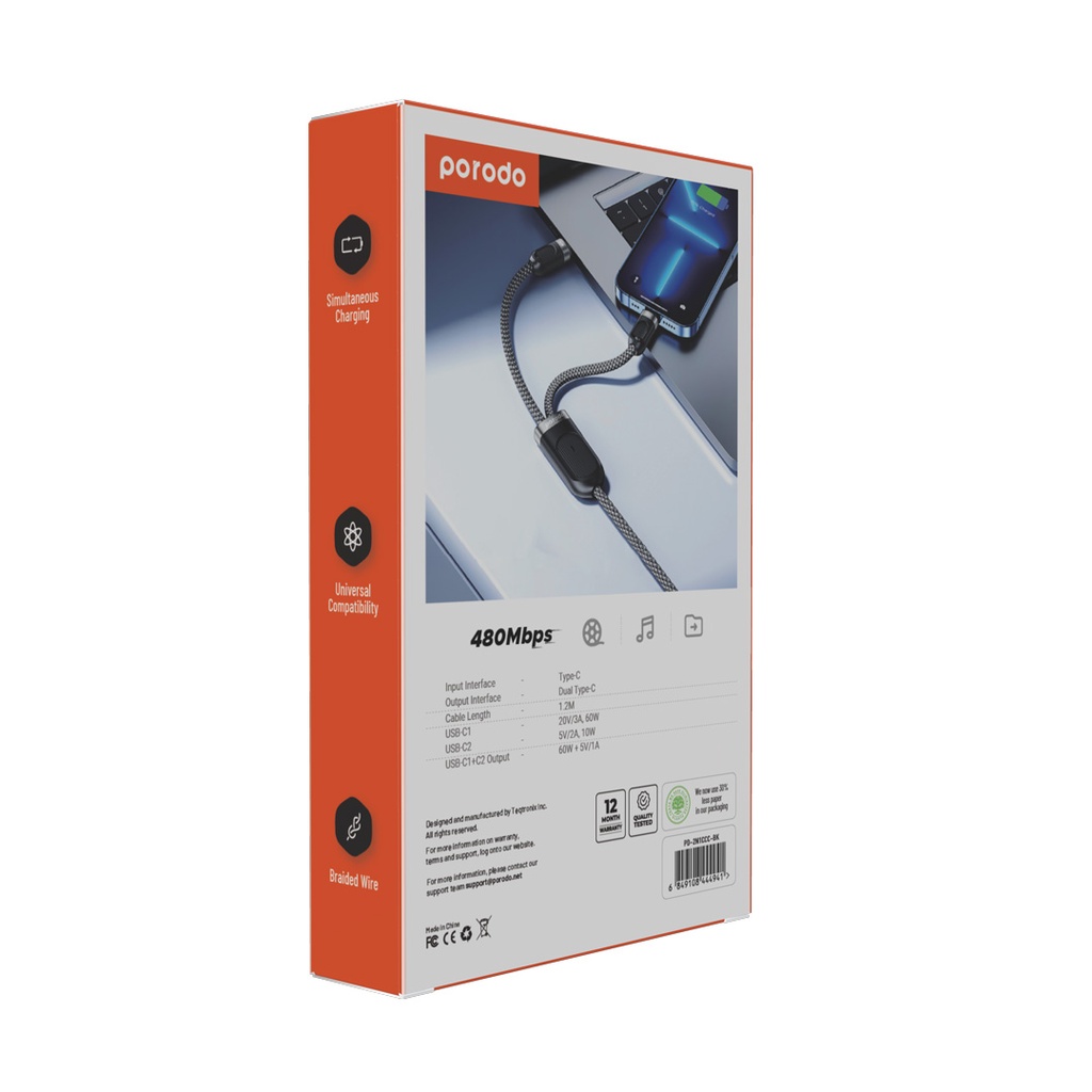 Porodo Dual Type-C Fast Charging Cable USB-C PD Input