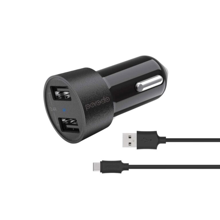 Porodo Dual USB Car Charger 3.4A with Type-C Cable 4ft.