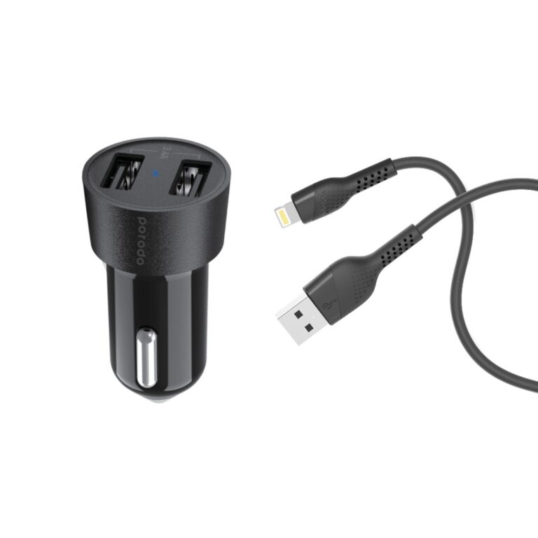 Porodo Dual USB Car Charger 3.4A with Lightning Cable 4ft.