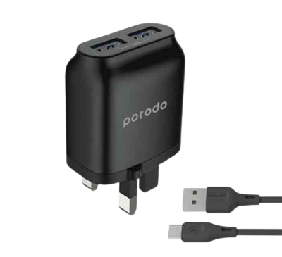 Porodo Dual USB Wall Charger 2.4A PVC Type-C Cable 1.2m UK 3pin Plug, Fast Charge