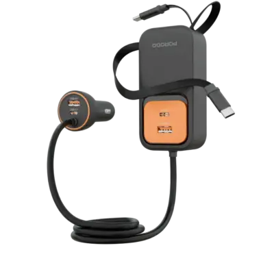 Porodo ENZO MULTI-PORT CAR CHARGER Dual 70cm Retractable Cables