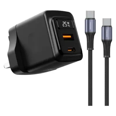 Porodo GaN 25W Dual USB-C Wall Charger With Type-C to Type-C/Lightning Cable