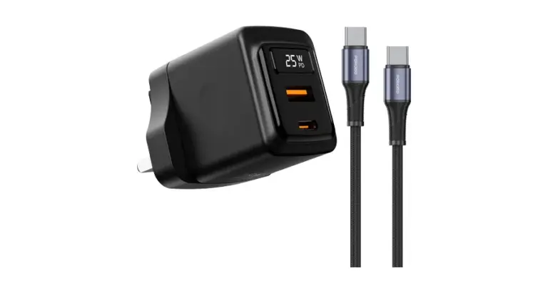 Porodo GaN 25W Dual USB-C Wall Charger With Type-C to Type-C/Lightning Cable