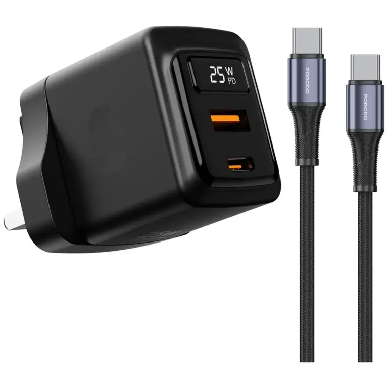 Porodo GaN 25W Dual USB-C Wall Charger With Type-C to Type-C/Lightning Cable