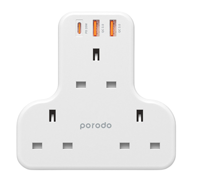 Porodo Multiport Wall Socket 3250W With  3 AC & 2 USB-A QC3.0 & USB-C PD 20W UK Version