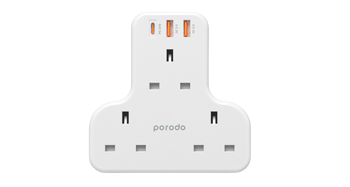 Porodo Multiport Wall Socket 3250W With  3 AC & 2 USB-A QC3.0 & USB-C PD 20W UK Version