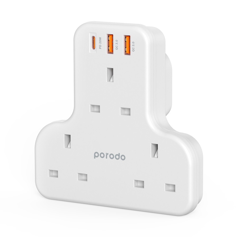 Porodo Multiport Wall Socket 3250W With  3 AC & 2 USB-A QC3.0 & USB-C PD 20W UK Version