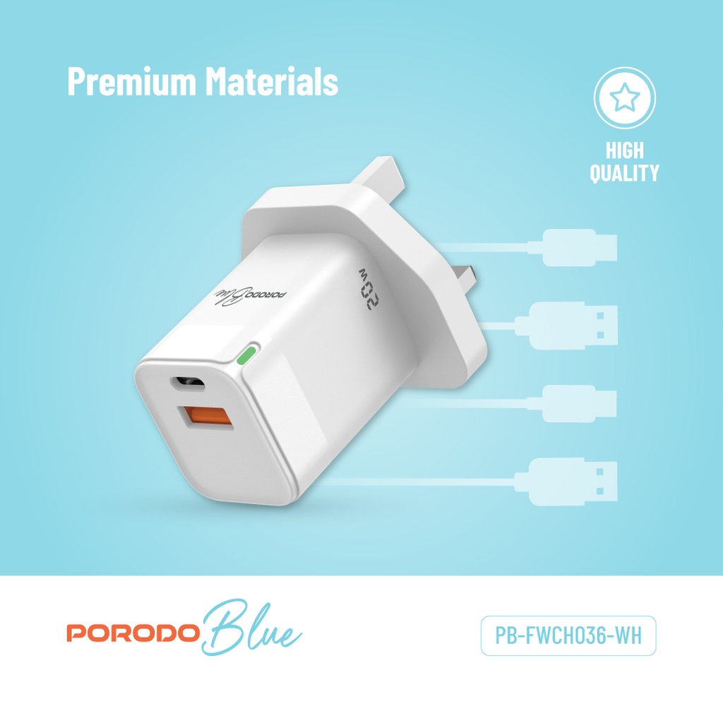 Porodo Multiport Wall Socket 3250W With  3 AC & 2 USB-A QC3.0 & USB-C PD 20W UK Version