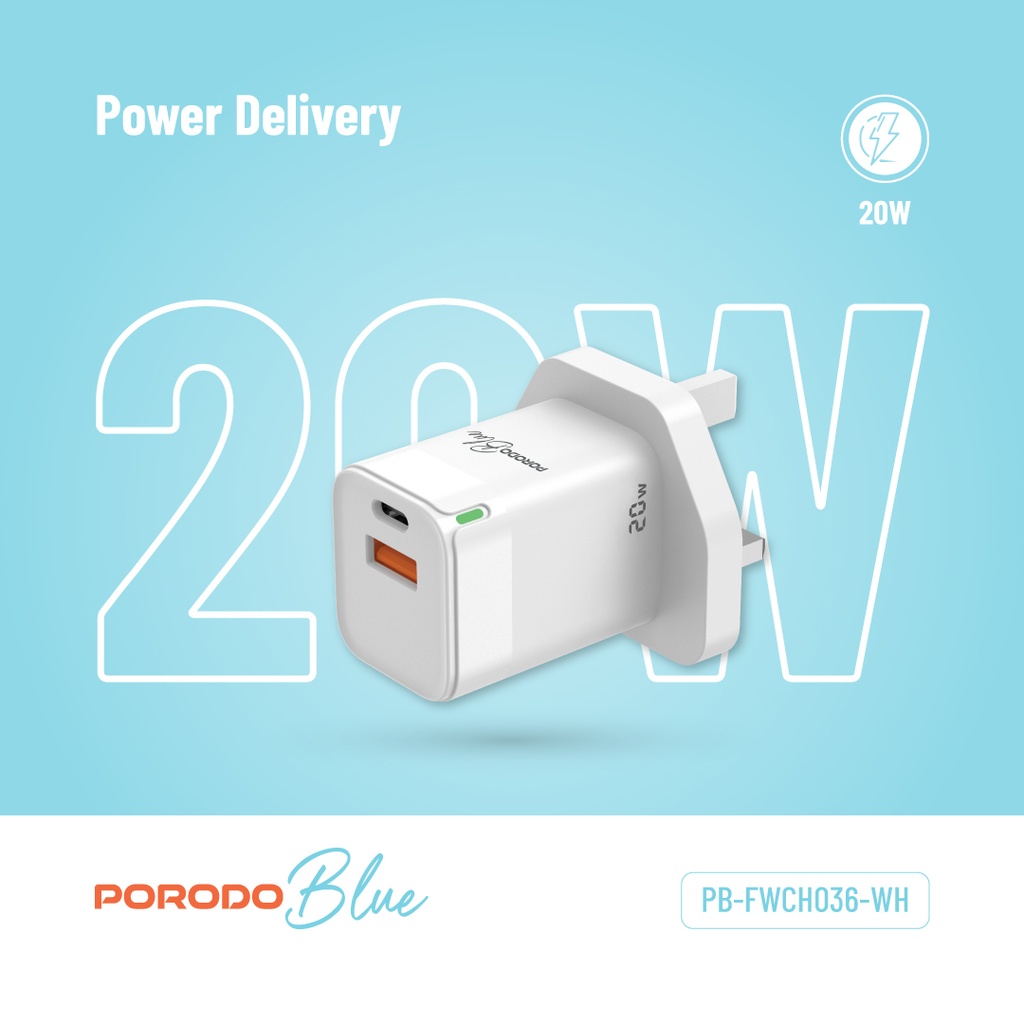 Porodo Multiport Wall Socket 3250W With  3 AC & 2 USB-A QC3.0 & USB-C PD 20W UK Version