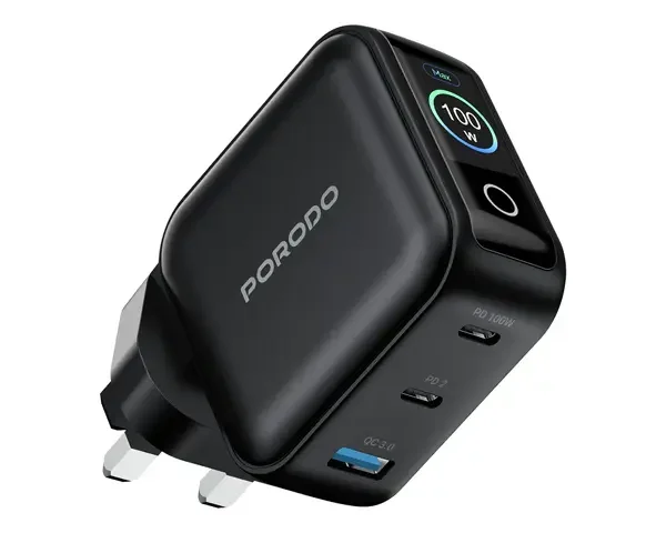 Porodo Nexora 100W 3-Port Wall Charger with LCD Display
