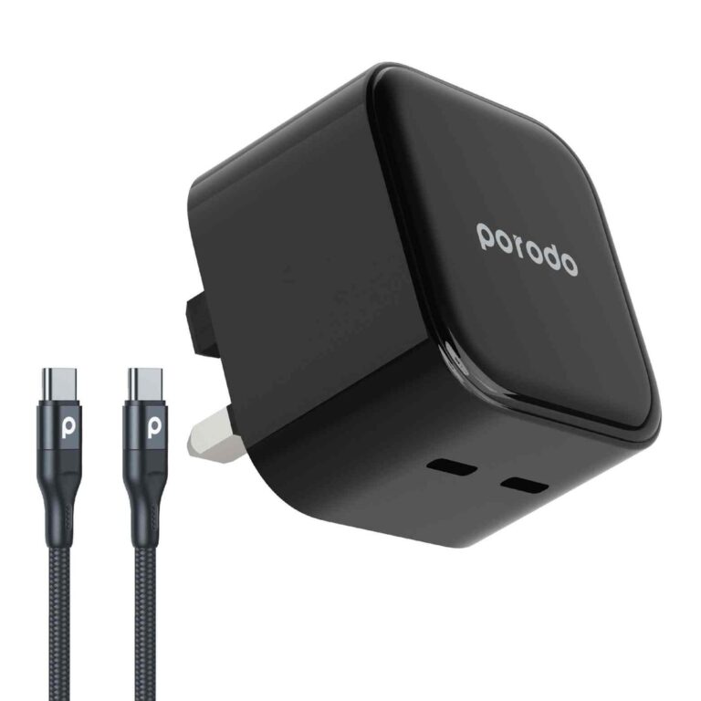Porodo Super-Fast Dual USB-C Wall Charger 35W UK with Braided Type-C to Type-C Cable 1.2m