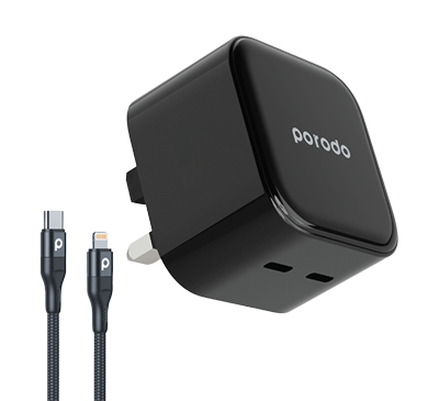 Porodo Super-Fast Dual USB-C Wall Charger PD 35W UK with Braided Type-C to Lightning Cable 1.2m