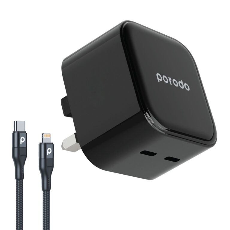 Porodo Super-Fast Dual USB-C Wall Charger PD 35W UK with Braided Type-C to Lightning Cable 1.2m