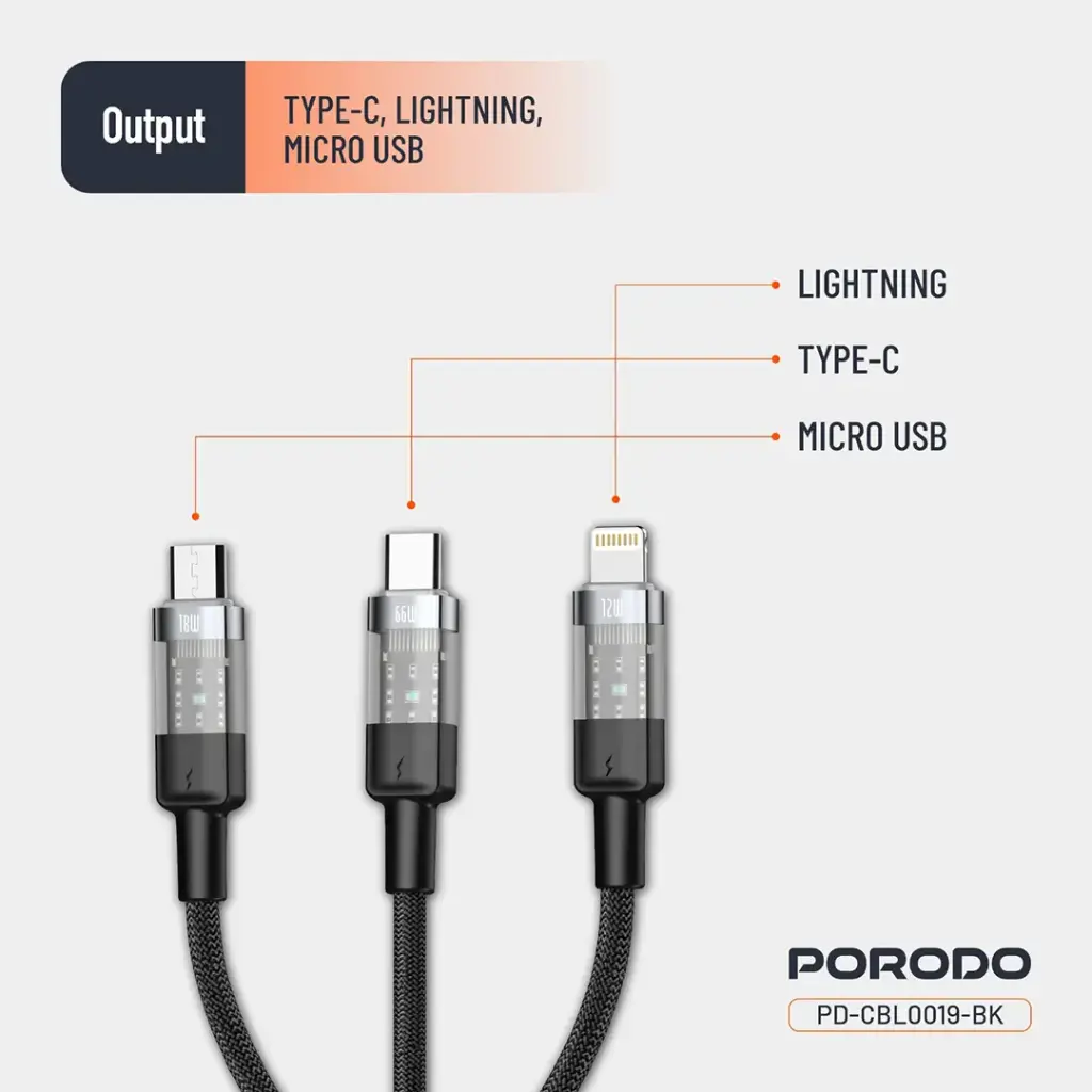 Porodo Transparent Type-C Input Fast Charging Cable