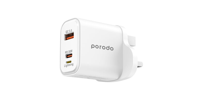 Porodo Triple Port PD QC Lightning 30W Wall Charger with Braided USB-C to Lightning Cable 1.2M