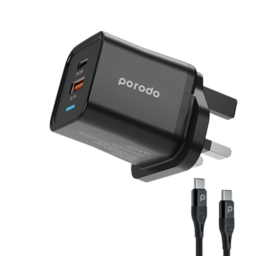 Porodo Wall Charger UK 3-Pin & Braided Type-C to Type-C Cable 1.2m