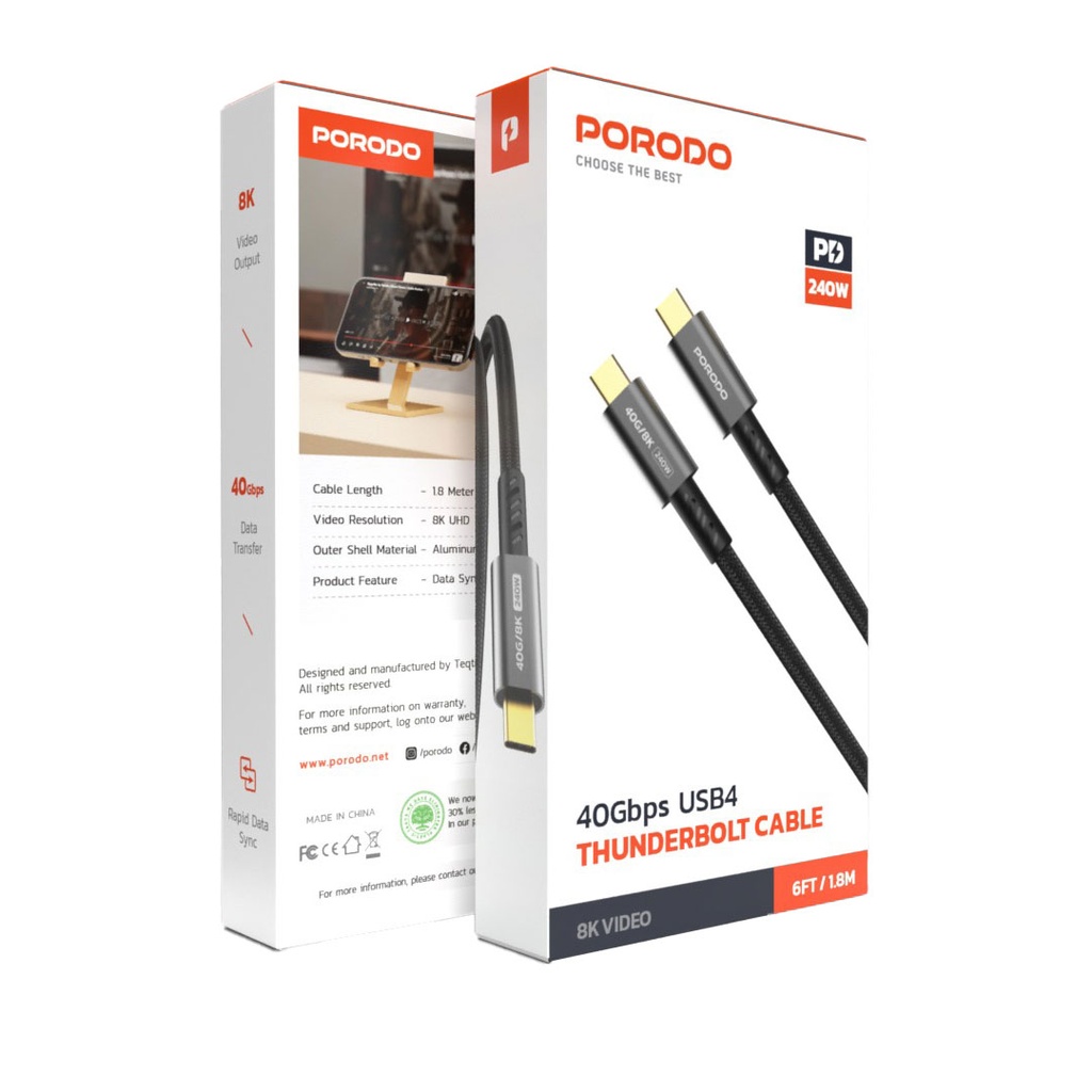 Porodo Woven TypeC-C Cable 240w 40gbps 8K 60hz