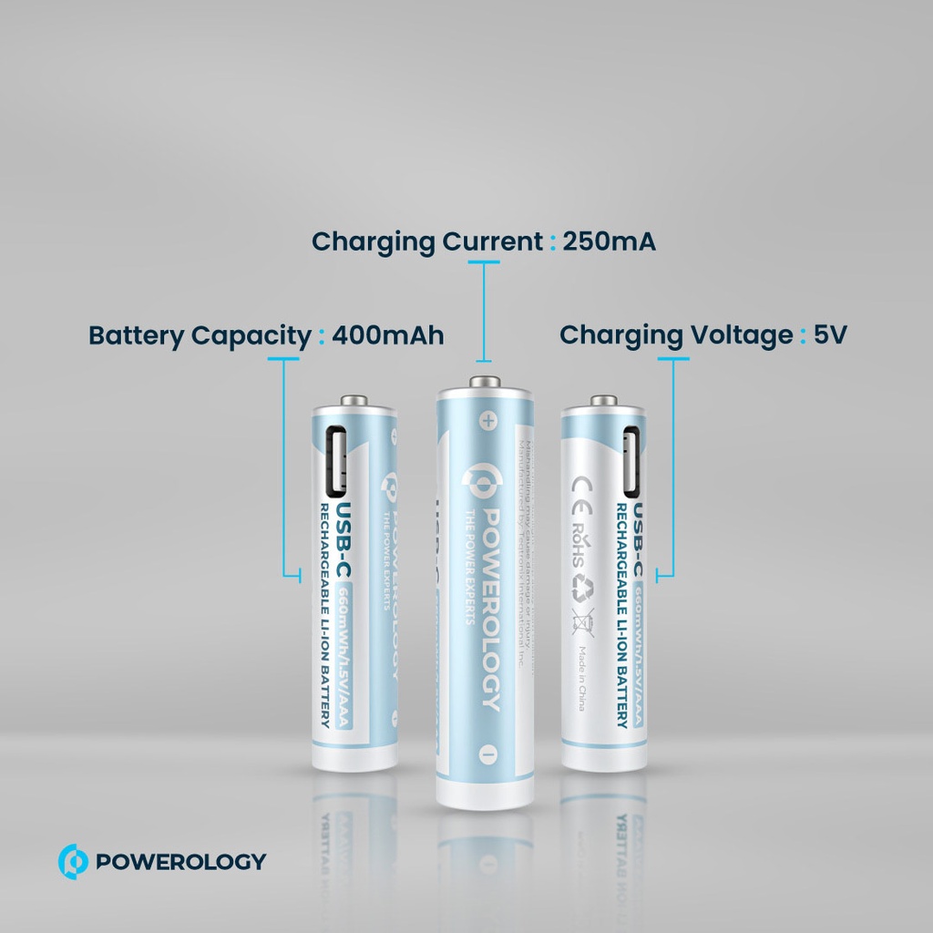 Powerology 1.5V Type-c Rechargeable Lithium-ion Battery AA Battery 2200mWh 4pcs per Pack